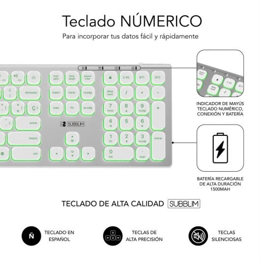 Tastiera wireless multidispositivo retroilluminata Subblim Master Argento/Bianco