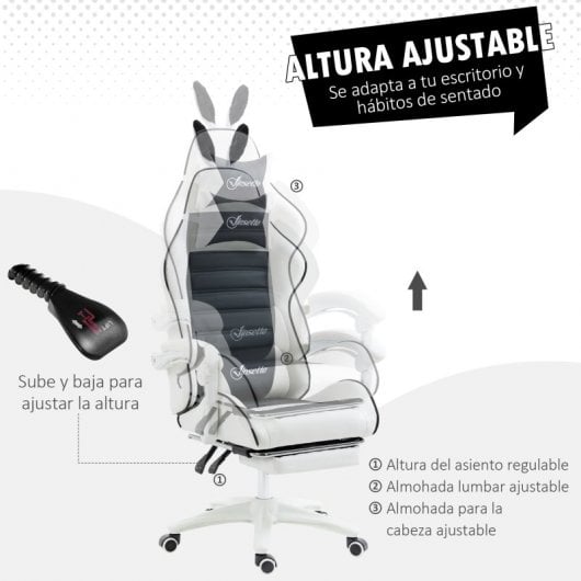 Vinsetto Silla Gaming Racing Giratoria Cuero PU con Altura Ajustable Blanca/Negra