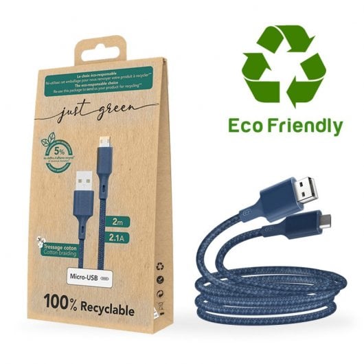 Câble Micro-USB Recyclable Ecologique Just Green Intensité 2.1a 2m Bleu