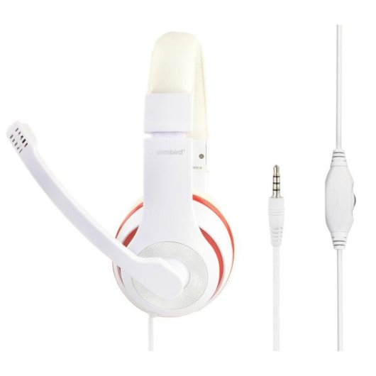 Auriculares Gembird MHS-03-WTRD con cable jack 3,5 mm, micrófono boom, para llamadas y música, rojo y blanco
