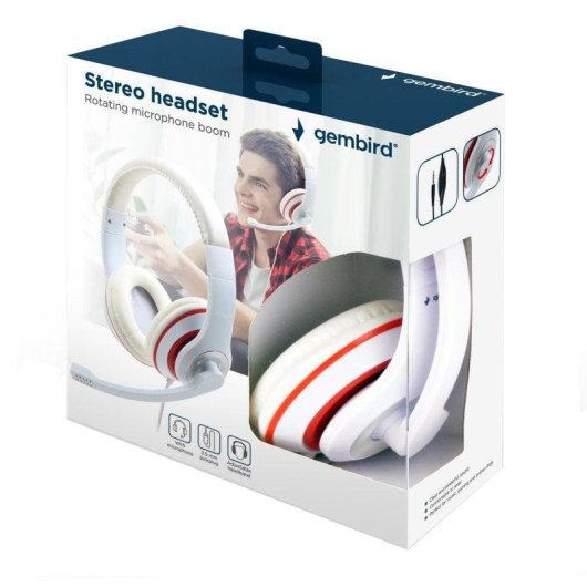 Auriculares Gembird MHS-03-WTRD con cable jack 3,5 mm, micrófono boom, para llamadas y música, rojo y blanco