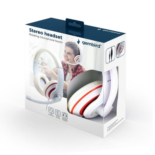 Auriculares Gembird MHS-03-WTRD con cable jack 3,5 mm, micrófono boom, para llamadas y música, rojo y blanco
