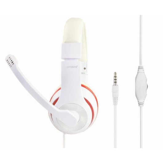 Auriculares Gembird MHS-03-WTRD con cable jack 3,5 mm, micrófono boom, para llamadas y música, rojo y blanco