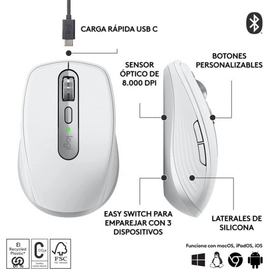 Logitech MX Anywhere 3S Mouse wireless Bluetooth compatto silenzioso 8000 DPI bianco