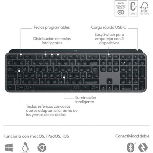 Logitech MX Keys S Teclado Inalámbrico Perfil Bajo Escritura Fluida Precisa Silenciosa Grafito