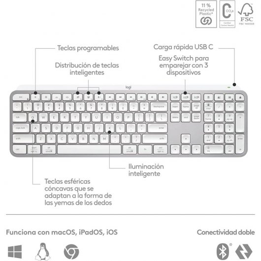 Logitech MX Keys S Teclado Inalámbrico Perfil Bajo Escritura Fluida Precisa Silenciosa Gris Claro
