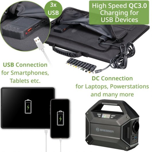 Chargeur solaire mobile ultra-compact Bresser 40 W avec sortie USB et DC