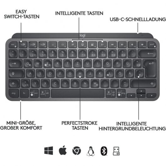 Logitech MX Keys Mini Kabellose Bluetooth-Tastatur Graphit QWERTZ Deutsch