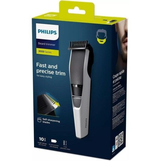 Tondeuse Barbe Visage Philips Beardtrimmer Series 3000 BT3206/14 Sans Fil 45min Sec 10 Réglages 1 Sabot