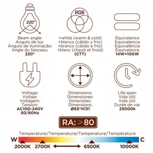 Lâmpada Inteligente Muvit iO A65 E27 14W 1400 Lumens RGB+CCT