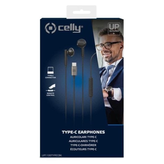 Auriculares Celly UP1100 com cabo USB-C preto para chamadas e música