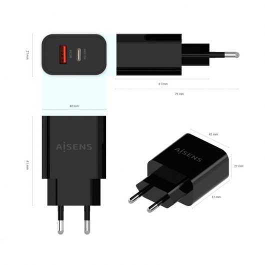 Aisens A110-0682 Cargador de Pared 1x USB-C 1x USB 20W Negro