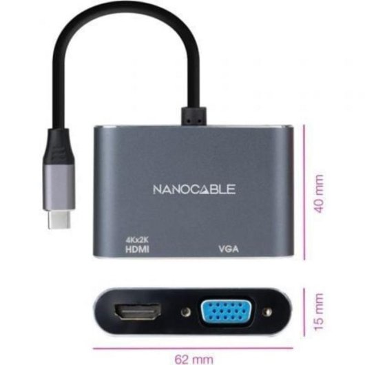 Nanocable 10.16.4303 USB-C auf HDMI/VGA Adapter 15 cm Grau
