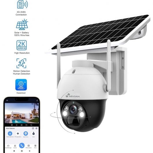 Nivian Câmara de Vigilância 360º 4G SIM + Painel Solar 7W Bateria de Longa Duração