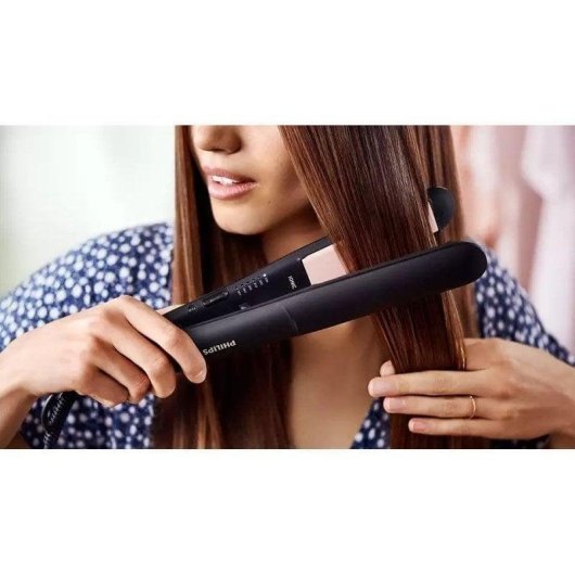 Prancha de Cabelo Cerâmica Queratina Philips Essential StraightCare BHS378 230ºC 6 Configurações Iónica Desligamento Automático Preto Rosa