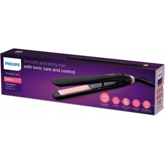 Prancha de Cabelo Cerâmica Queratina Philips Essential StraightCare BHS378/00 230ºC 6 Definições Iónica Desligamento Automático Preto Rosa