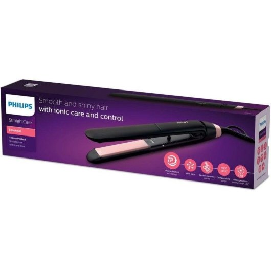Prancha de Cabelo Cerâmica Queratina Philips Essential StraightCare BHS378 230ºC 6 Configurações Iónica Desligamento Automático Preto Rosa