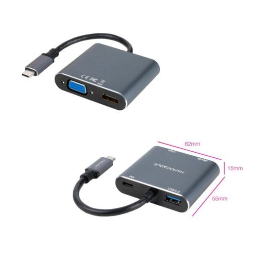 Nanocable USB-C-zu-HDMI/VGA/USB3.0/PD-Konverter 15 cm Grau