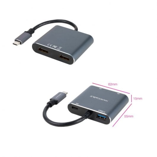 Nanocable USB-C auf 2xHDMI/USB2.0/PD Konverter 15 cm Grau