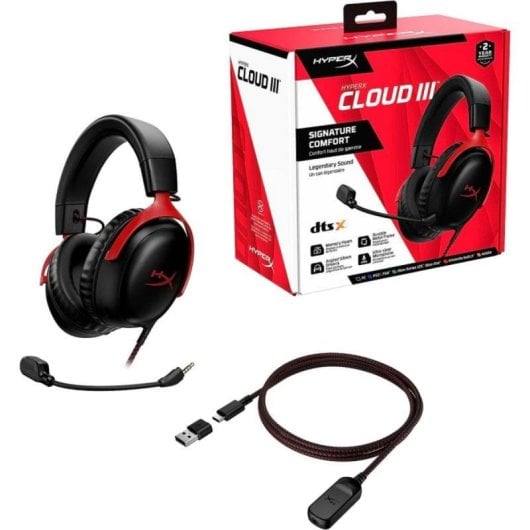 Auriculares HyperX Cloud III com fio USB-C/3,5 mm Gaming Cancelamento de Ruído Preto/Vermelho