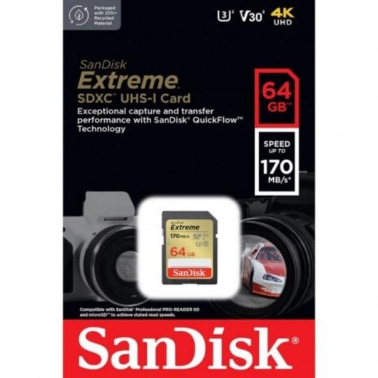 Cartão de Memória SanDisk Extreme SDXC 64GB UHS-I V30 170MBs Classe 10