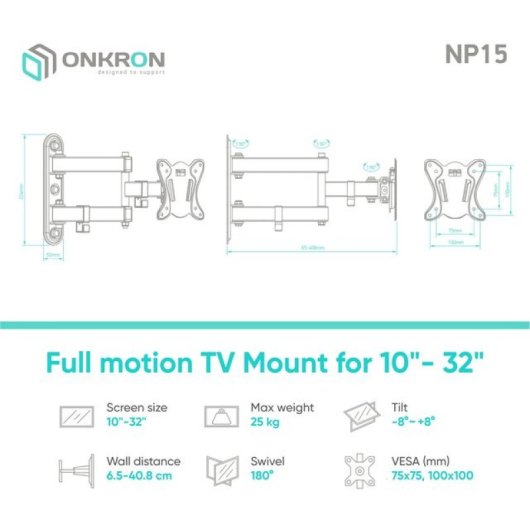 Onkron NP15 Soporte de Pared Giratorio/Inclinable para TV 10"-32" VESA 100x100 Máx 25kg