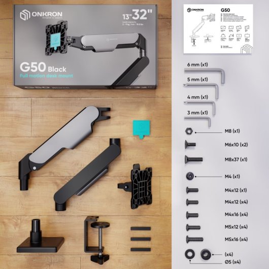 Support de bras articulé de bureau Onkron G50-B pour moniteur 13"-32" VESA 100x100 Max 8 Kg