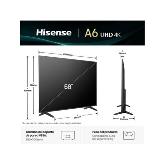 TV Hisense LED 58A6K 58" 4K Ultra HD Smart TV HDR10+ VIDAA U6 Wifi Bluetooth