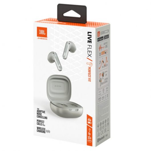 Casque sans fil JBL Live Flex avec suppression adaptative du bruit, argent