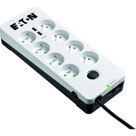 Eaton PB8TUF Regleta con Limitador de Tensión 6 Salidas AC Tipo E con 2 USB-A + Rj11 2500W 1.5m
