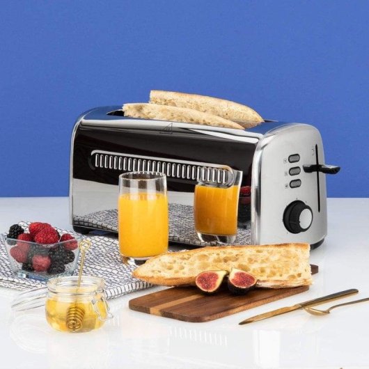 Torradeira vintage HKoenig TOAS32 2 ranhuras compridas e largas 1500 W 7 níveis Descongelação Reaquecimento Preto/Inox