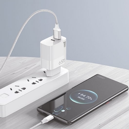 Cool Cargador Universal Ultra Rápido PD USB-C + USB 65W + Cable USB-C GaN Blanco