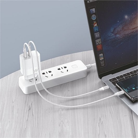 Fantastico caricabatterie ultra veloce universale PD USB-C + USB 65 W + cavo USB-C GaN bianco