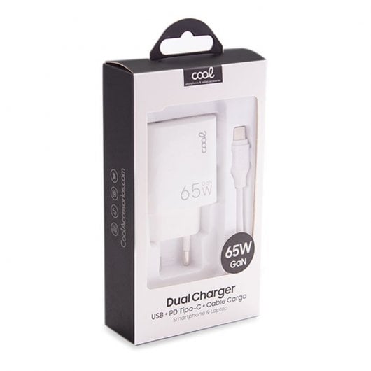 Cool Cargador Universal Ultra Rápido PD USB-C + USB 65W + Cable USB-C GaN Blanco