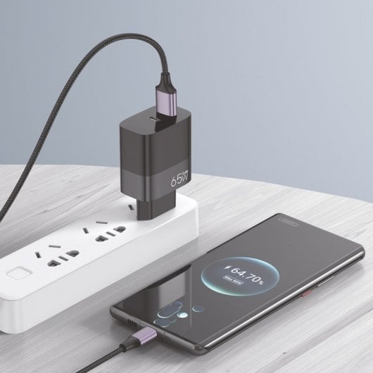 Cool Cargador Universal Ultra Rápido PD USB-C + USB 65W + Cable USB-C GaN Negro