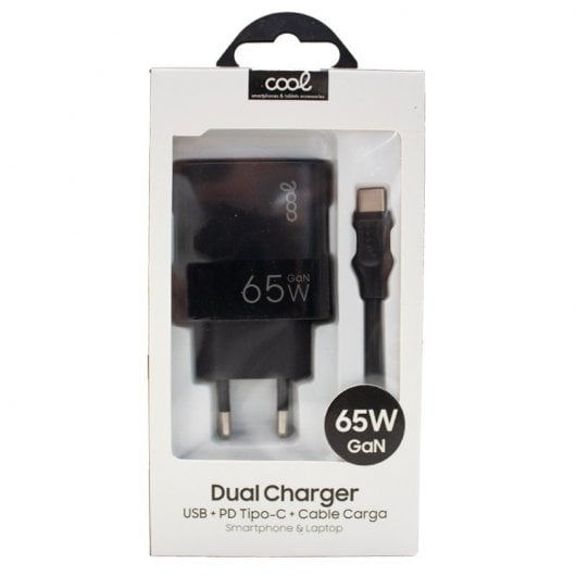 Cool Cargador Universal Ultra Rápido PD USB-C + USB 65W + Cable USB-C GaN Negro