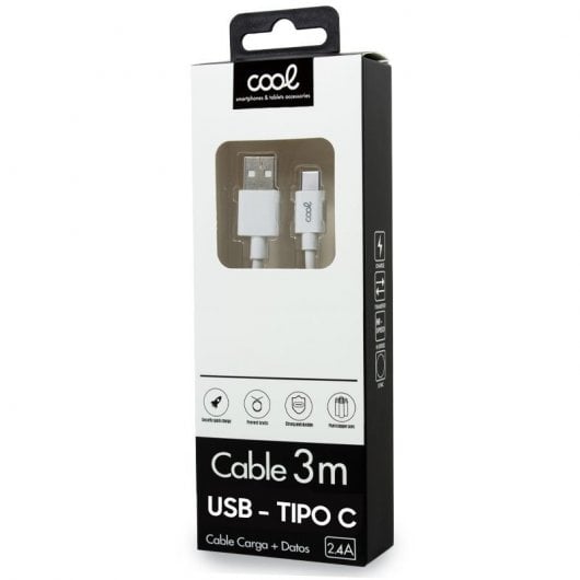 Cool Câble Universel USB 2.0 vers USB-C 2,4 Amp 3m Blanc