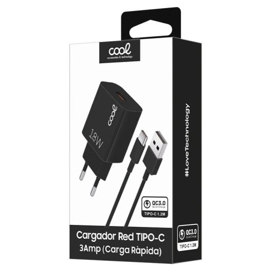 Cool Kit 2-in-1-Universal-Netzwerk-Ladegerät, Schnellladung + USB-C 3-Ampere-Ladekabel, Schwarz