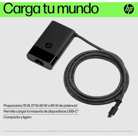 Cargador HP USB-C de 65 W, compacto y ligero, compatible con portátil, tablet o móvil