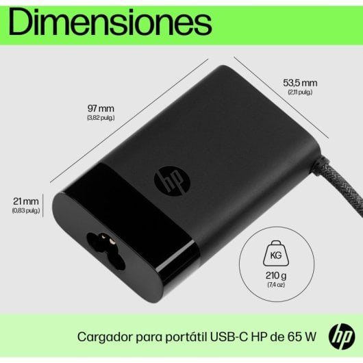 Cargador HP USB-C de 65 W, compacto y ligero, compatible con portátil, tablet o móvil