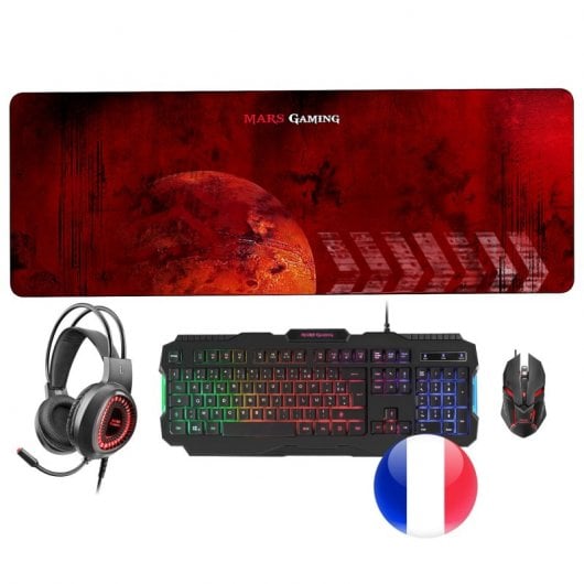 Mars Gaming MCPRGB2 Combo Gaming Teclado Francés + Ratón + Alfombrilla XXL + Auriculares Negros