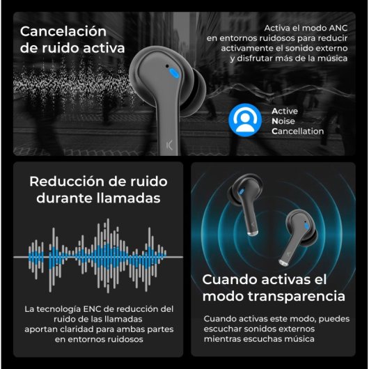 Ksix Noise Cancel 3 Auriculares Sem Fios Controlo Tátil Pretos