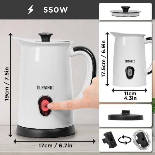 Duronic MF130 Espumador de Leche Caliente/Fría 550W Base Inalámbrica 360°