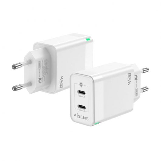 Aisens ASCH-45W2P005-W Cargador GaN de Pared 2xUSB Tipo-C 45W Blanco