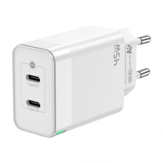 Aisens ASCH-45W2P005-W Cargador GaN de Pared 2xUSB Tipo-C 45W Blanco