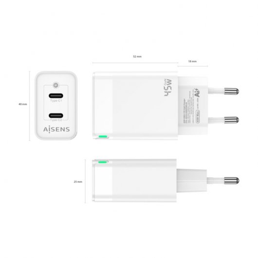 Aisens ASCH-45W2P005-W Cargador GaN de Pared 2xUSB Tipo-C 45W Blanco
