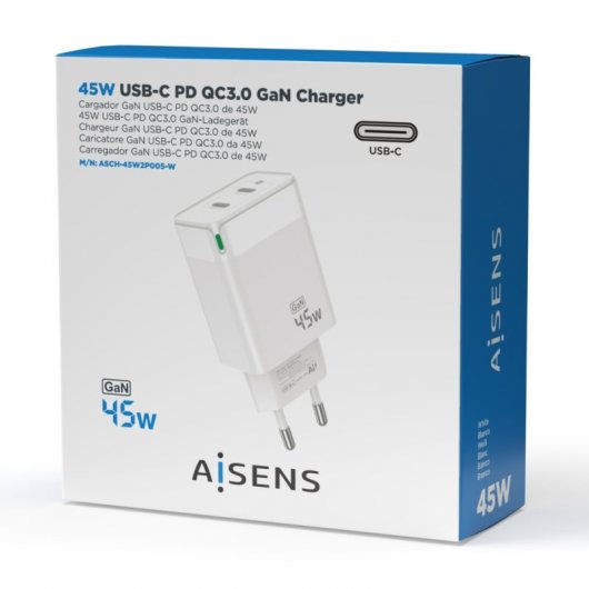 Aisens ASCH-45W2P005-W Cargador GaN de Pared 2xUSB Tipo-C 45W Blanco