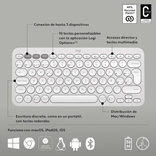 Logitech Pebble Keys 2 K380s Teclado Bluetooth Multi-Dispositivo Branco
