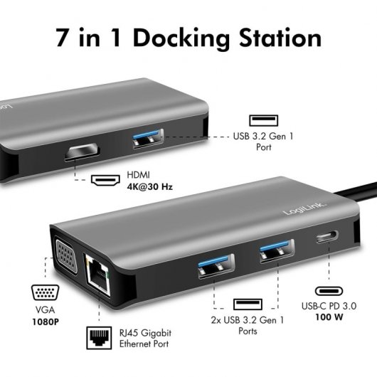 LogiLink UA0410 Hub Estação de Acoplamento USB 3.2 Gen1 de 7 Portas