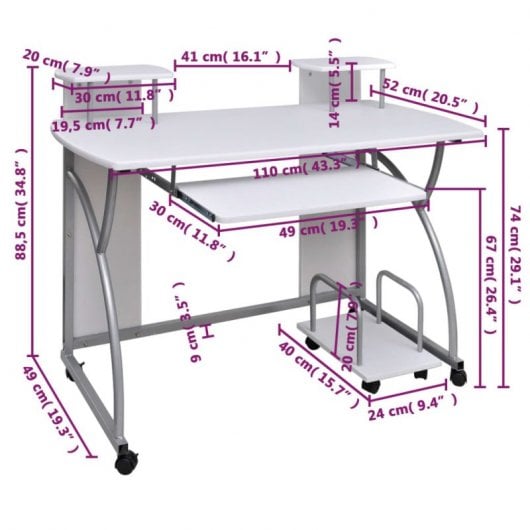 Vidaxl Escritorio Ordenador Madera Contrachapada Blanco 110x52x88,5 Cm